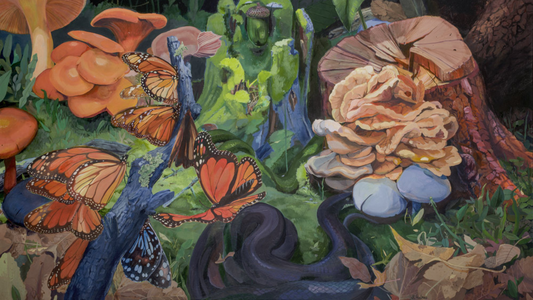 This is a painting by artist Steph Holmes which features monarch butterflies, two snakes, and a grove of beautiful mushrooms growing on trees. 