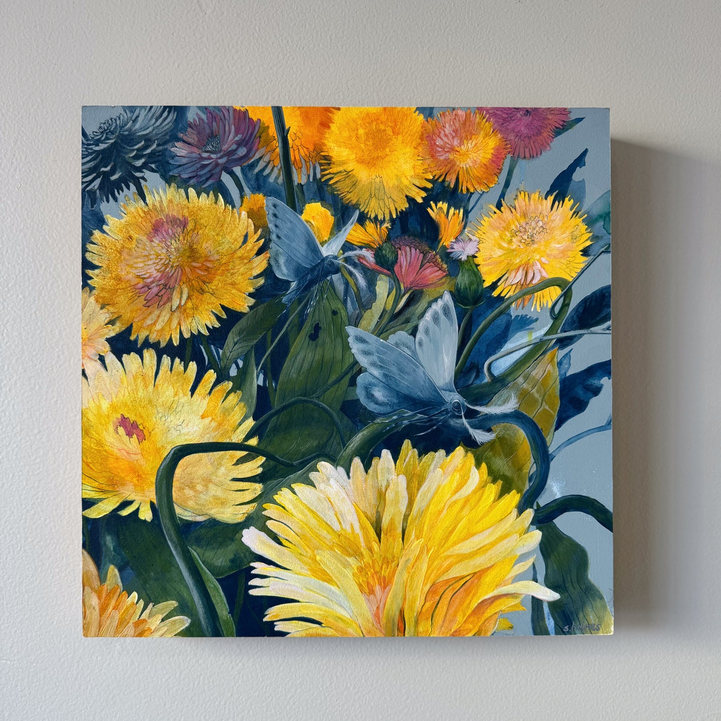 Between the Dandelions painting on wooden panel