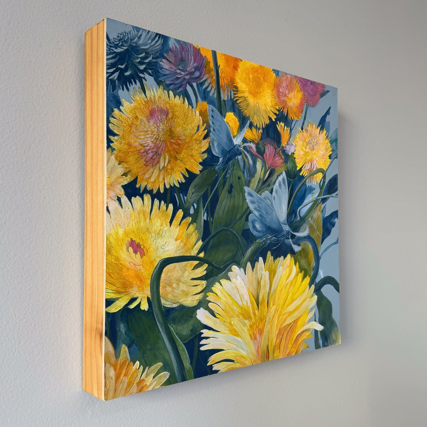 Between the Dandelions painting on wooden panel