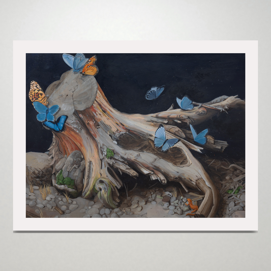 A large art print featuring a tree stump covered in blue and orange butterflies.