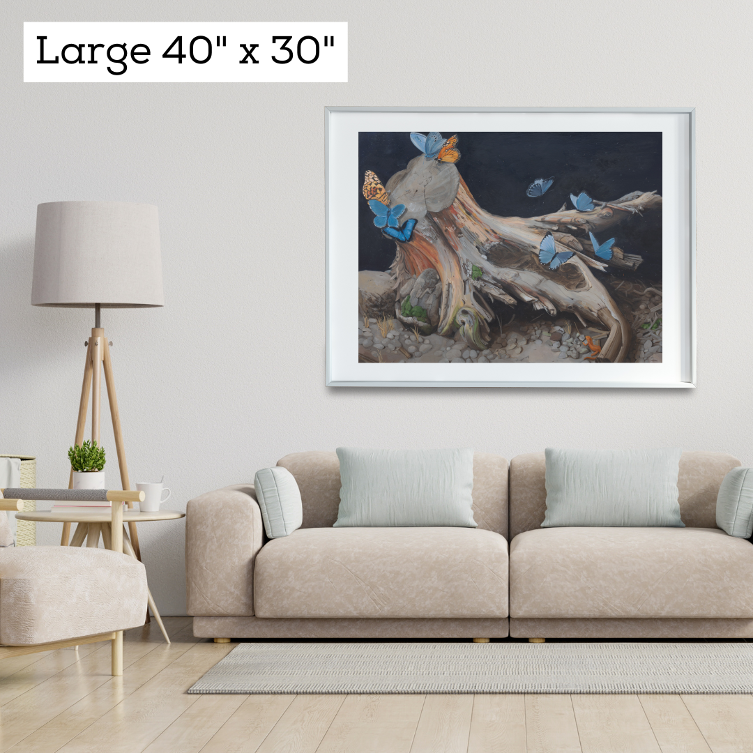 A modern living room featuring a large art print with butterflies.