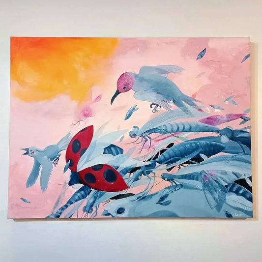 A bright painting featuring blue and pink birds, beetles, and flies flying across a bright pink sky and an orange sun.