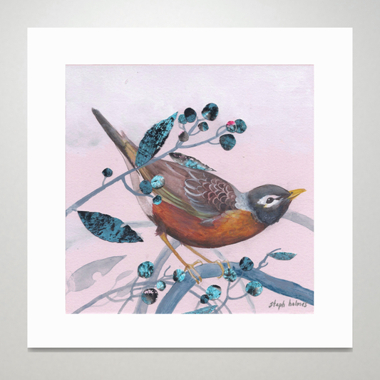 An art print featuring a robin sitting on a branch in front of a pink sky.