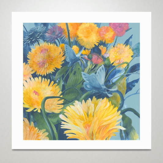 An art print featuring bright blue moths flying through a yellow dandelion forest. 