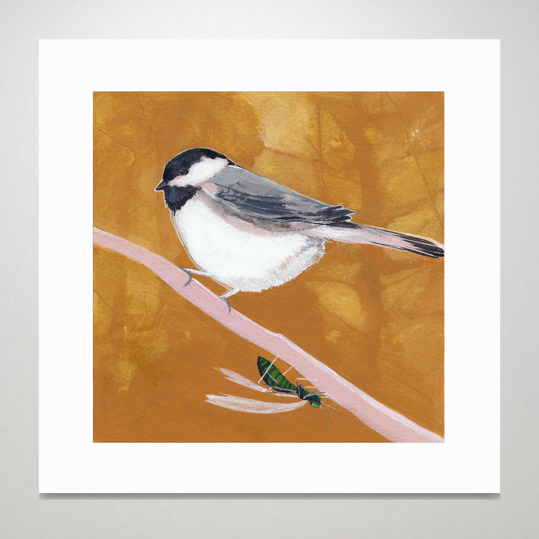 An art print featuring a black capped chickadee bird with a yellow background and a little green wasp.