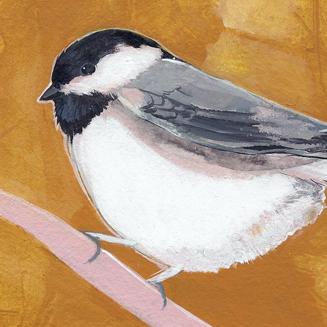 Detail of an art print featuring a black capped chickadee bird with a yellow background.