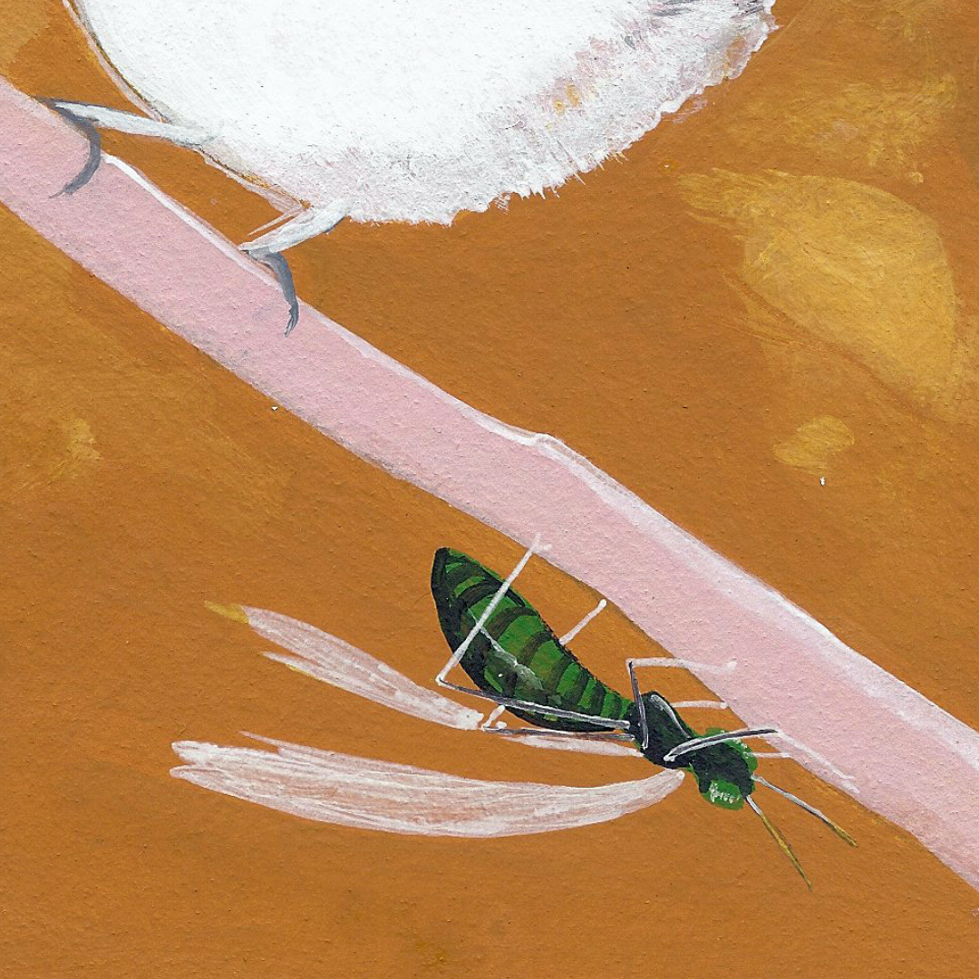 Detail of an art print featuring a little green wasp.