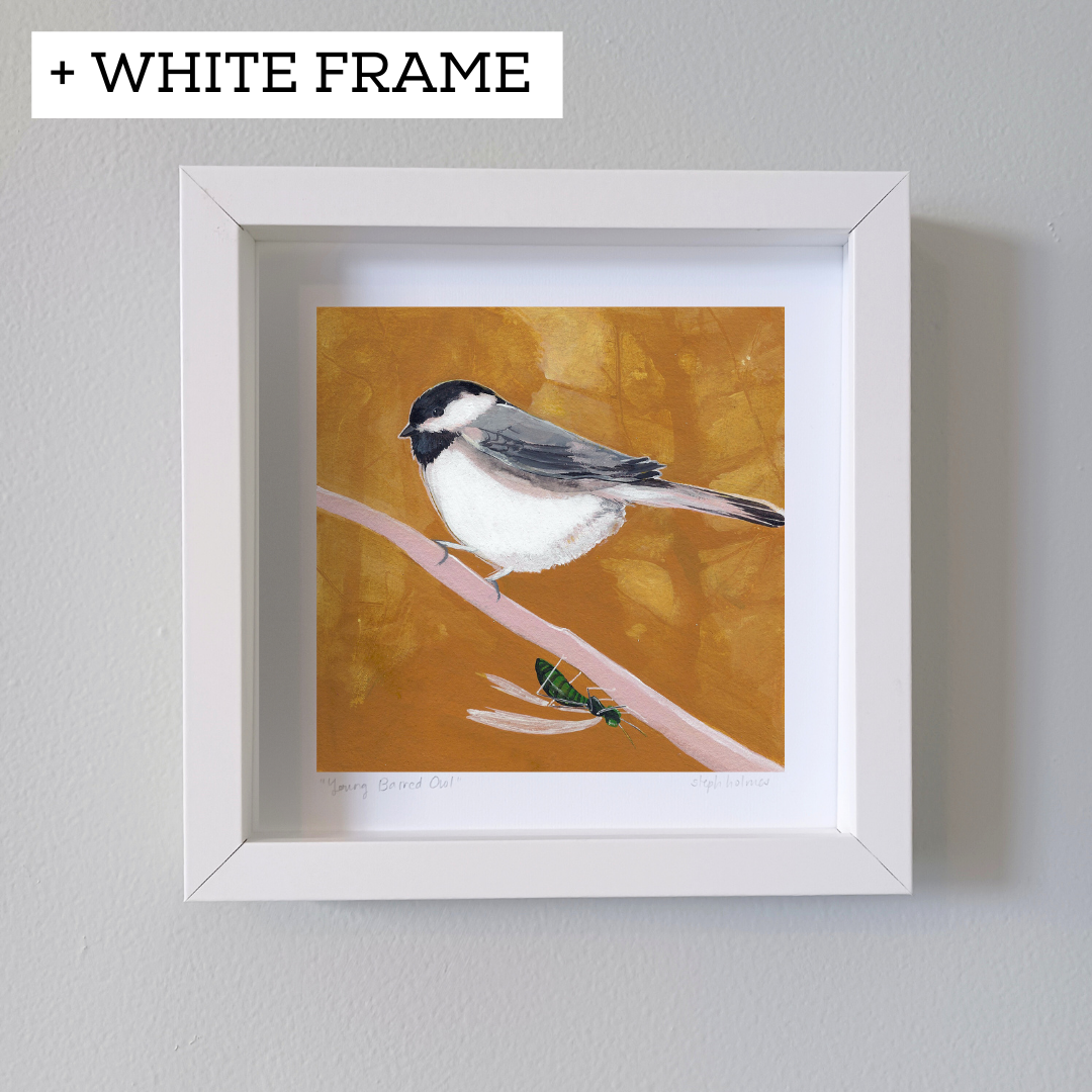 An art print featuring a black capped chickadee bird with a yellow background in a white frame on a white wall.