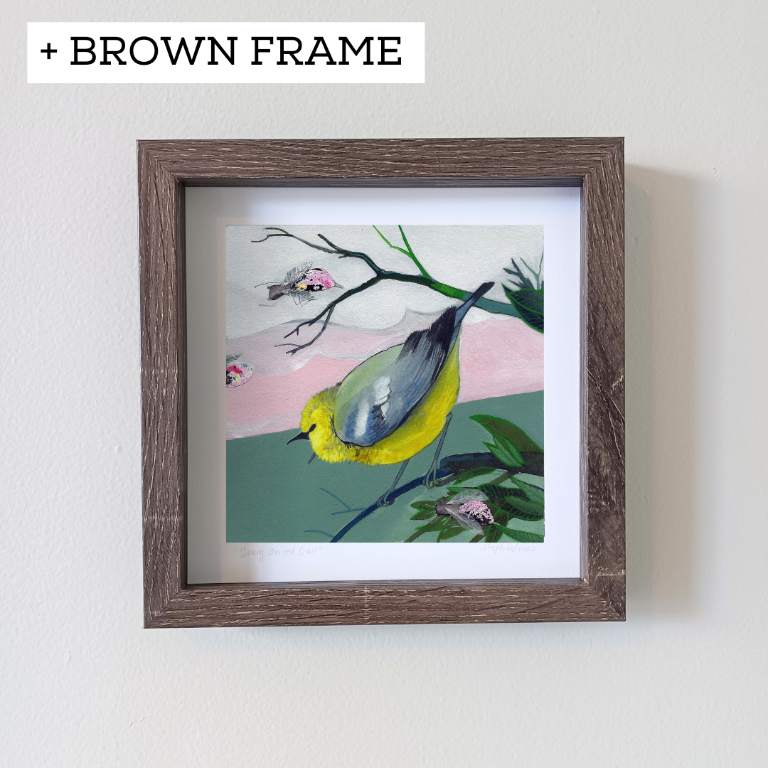 An art print featuring a bright blue winged warbler bird in a brown frame hanging on a white wall.