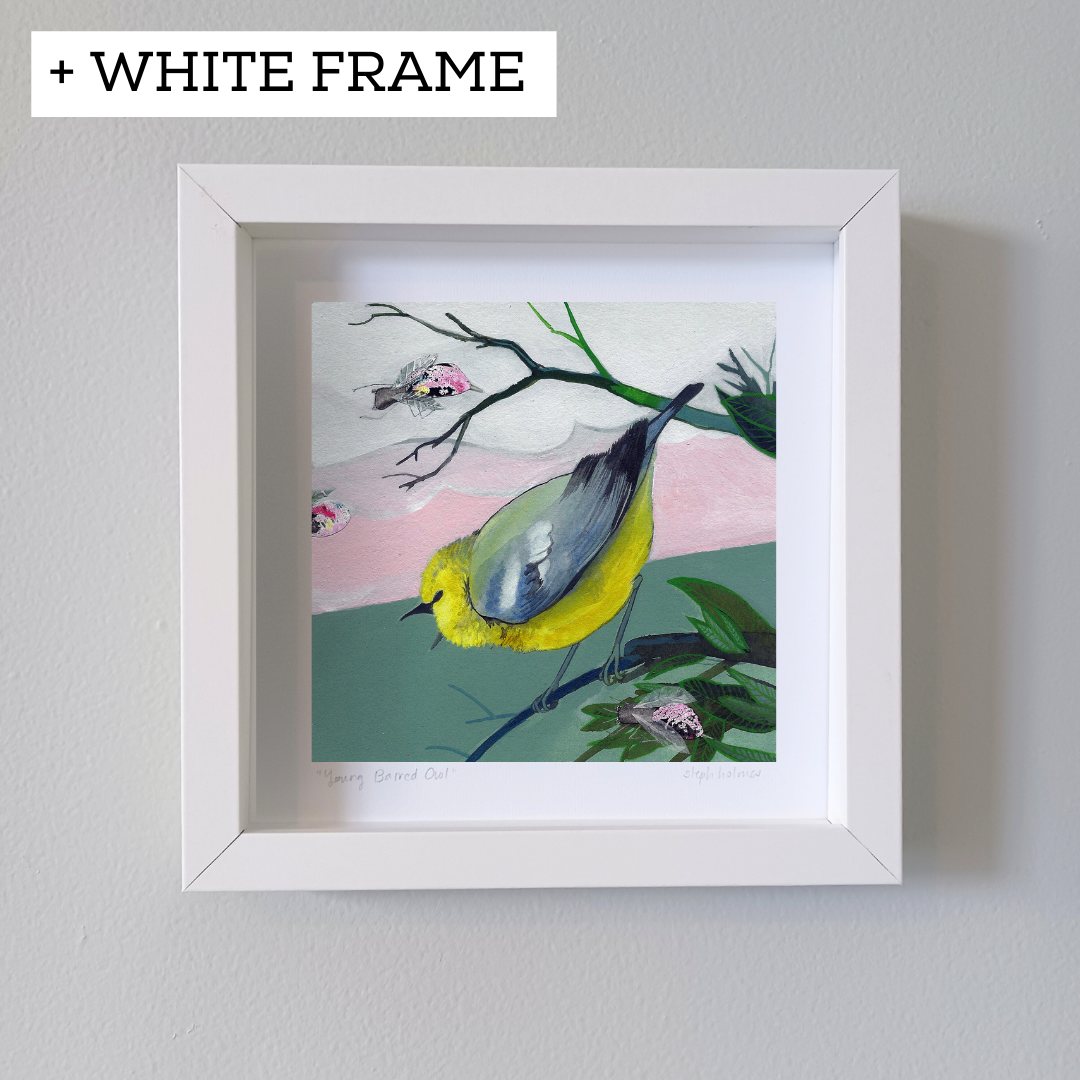 An art print featuring a bright blue winged warbler bird in a white frame hanging on a white wall.