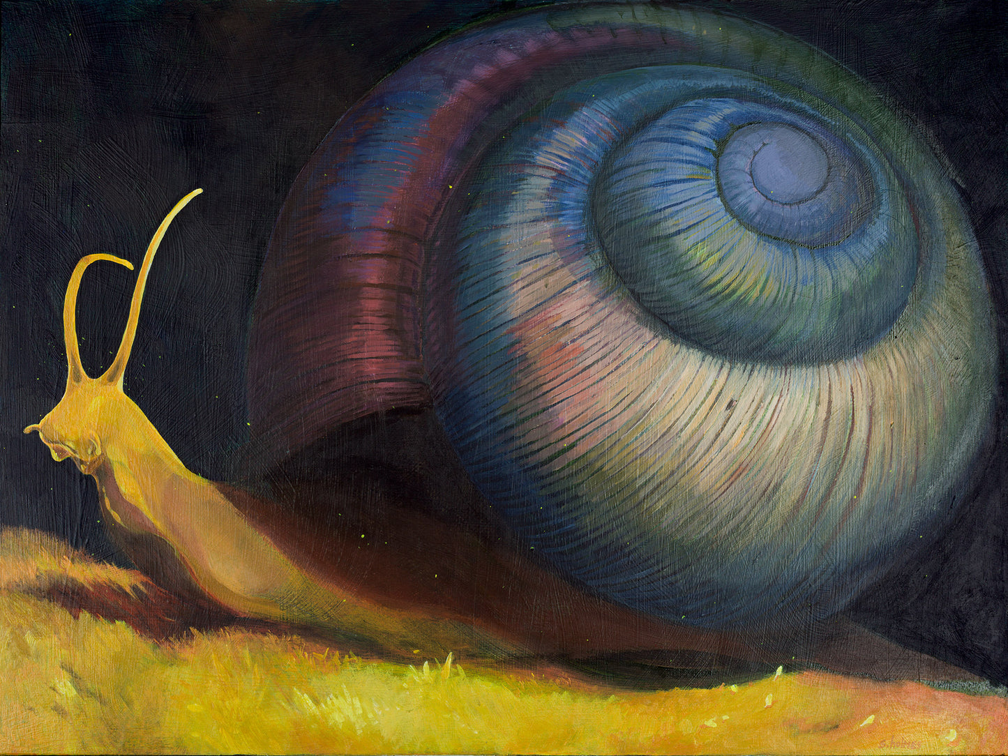 Painting featuring a large purple and yellow snail.