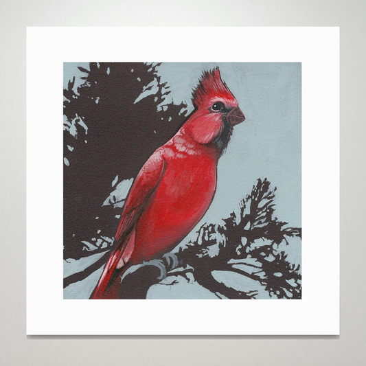 An art print of a red northern cardinal sitting on a branch.