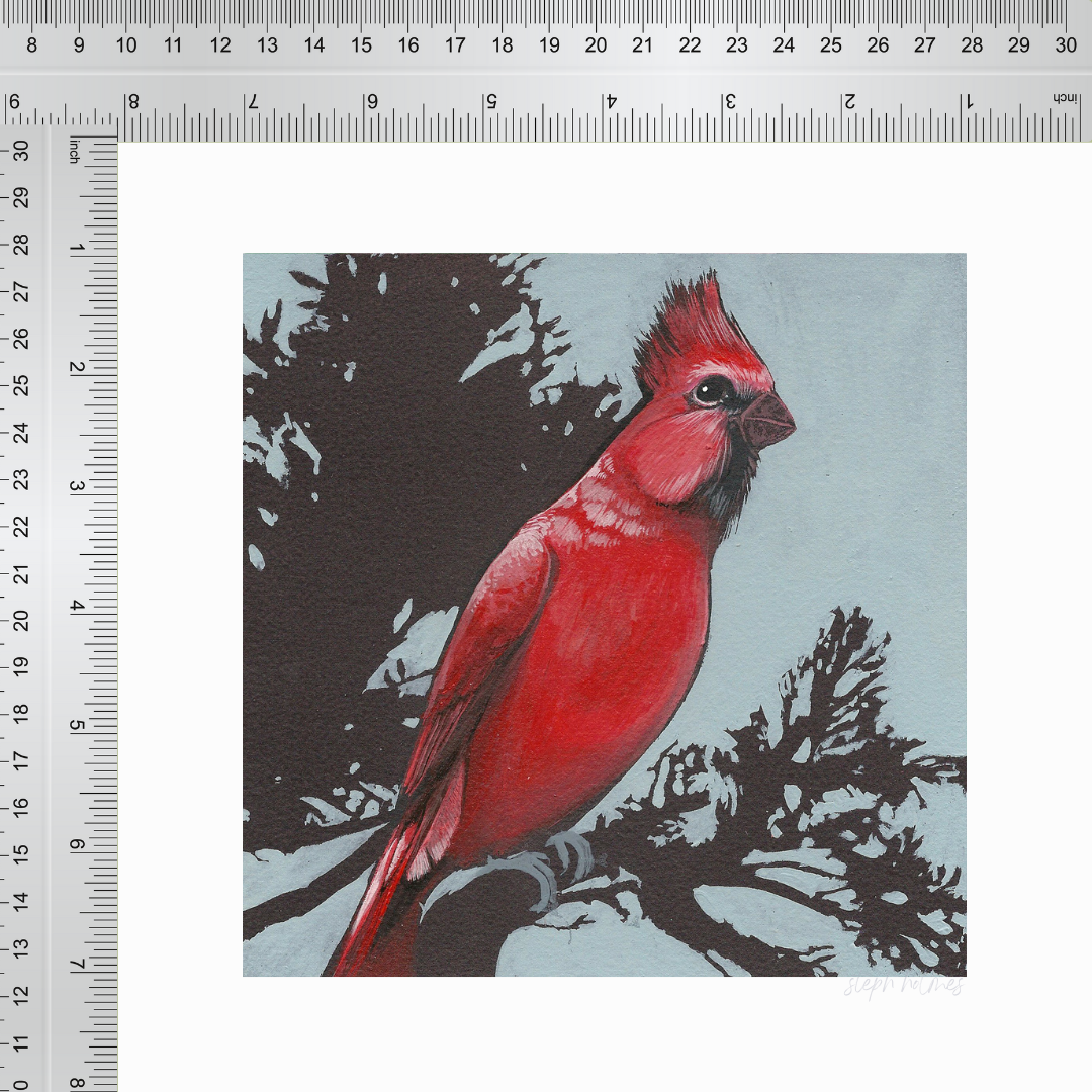 An art print of a red northern cardinal sitting on a branch.